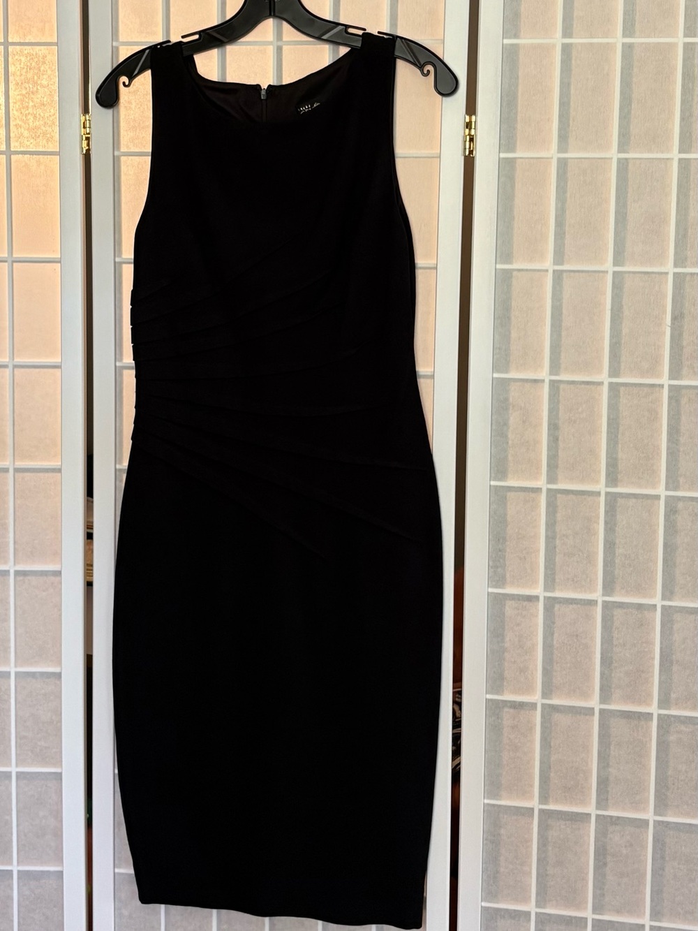 Cache Black Midi Sheath Dress with Asymmetric Pleats